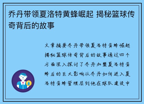乔丹带领夏洛特黄蜂崛起 揭秘篮球传奇背后的故事