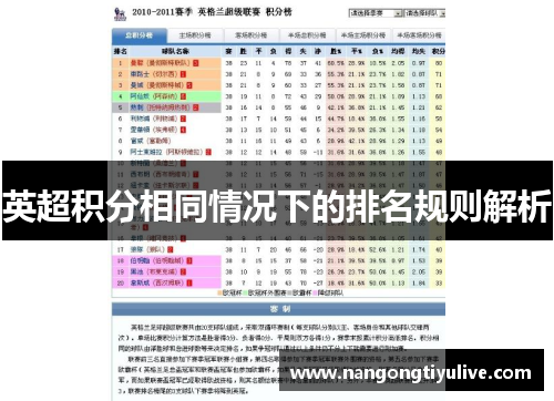 英超积分相同情况下的排名规则解析